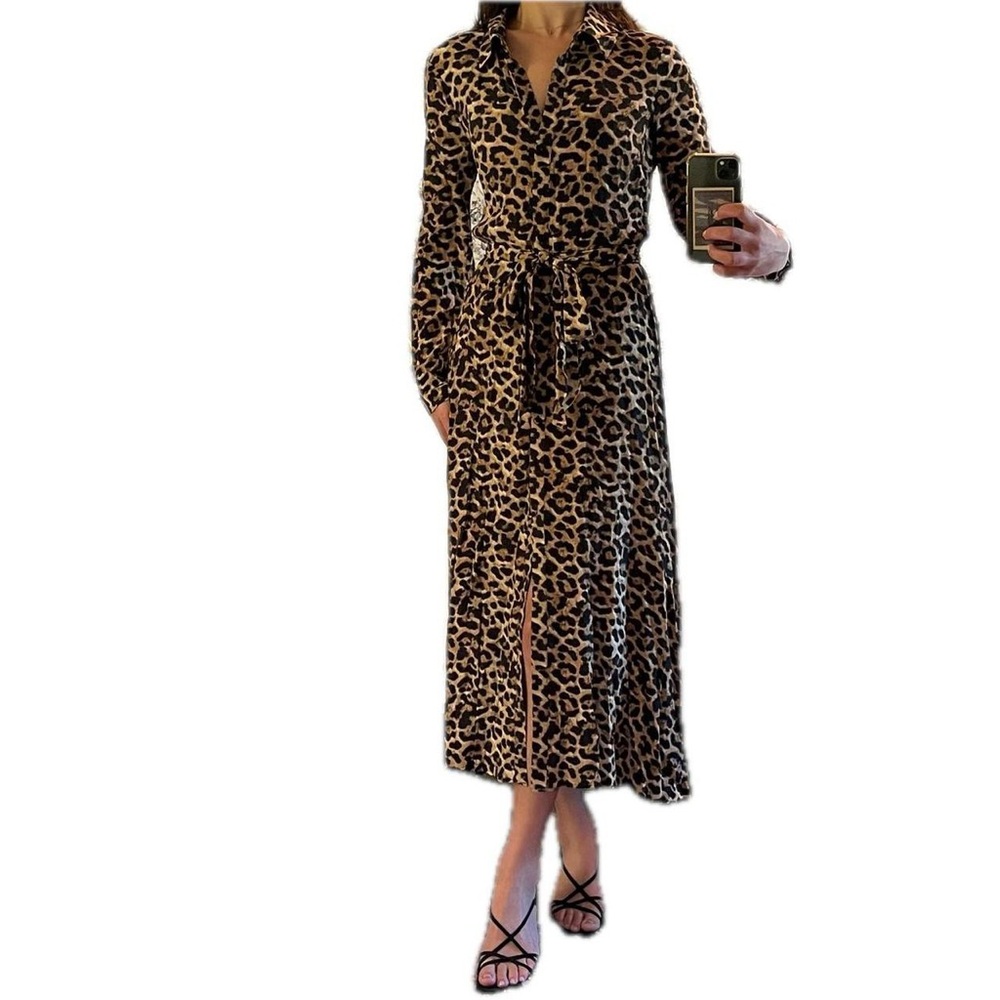 Zara Woman cheeta print button down long sleeve maxi dress